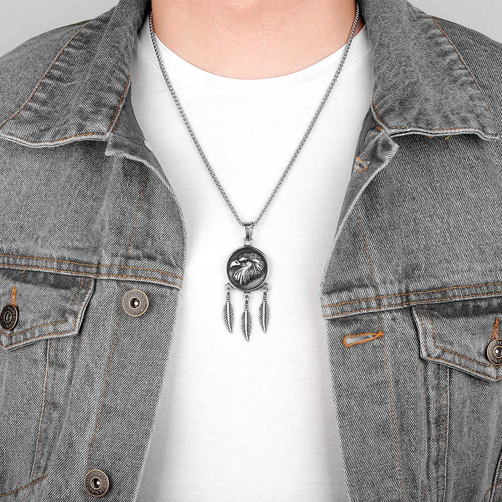 PENDRA Indian Eagle Feather Steel Necklace