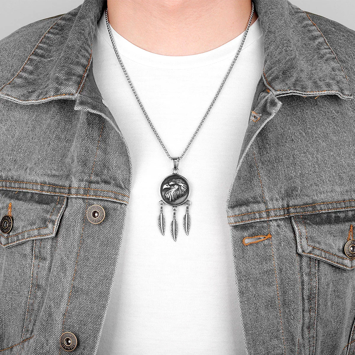 PENDRA Indian Eagle Feather Steel Necklace