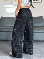 Women's American Retro Washed Niche Design Hot Diamond Black High-Waisted Jeans, Casual, Loose And Versatile Wide-Leg Pants, Trendy Straight Trousers
