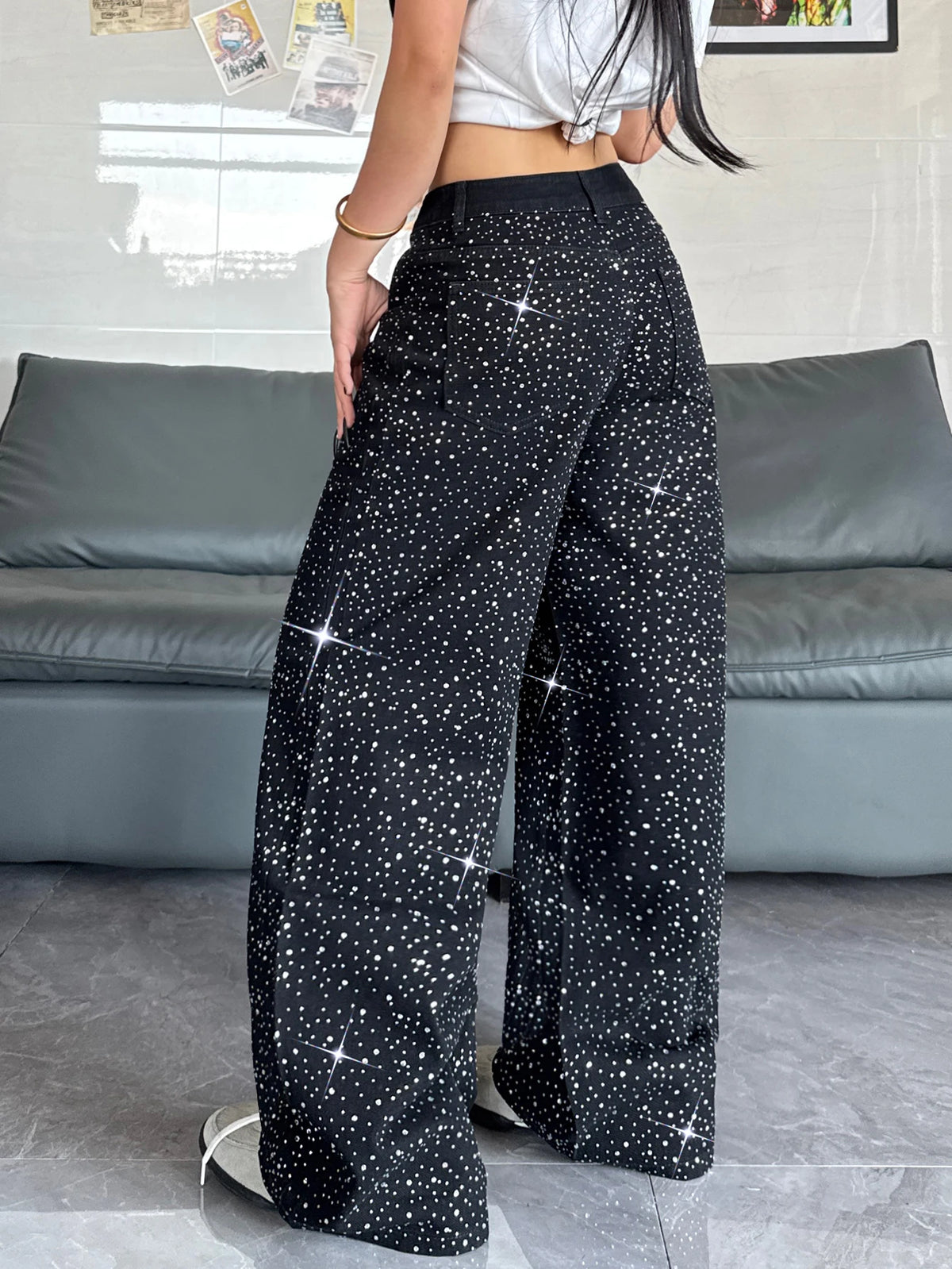 Women's American Retro Washed Niche Design Hot Diamond Black High-Waisted Jeans, Casual, Loose And Versatile Wide-Leg Pants, Trendy Straight Trousers