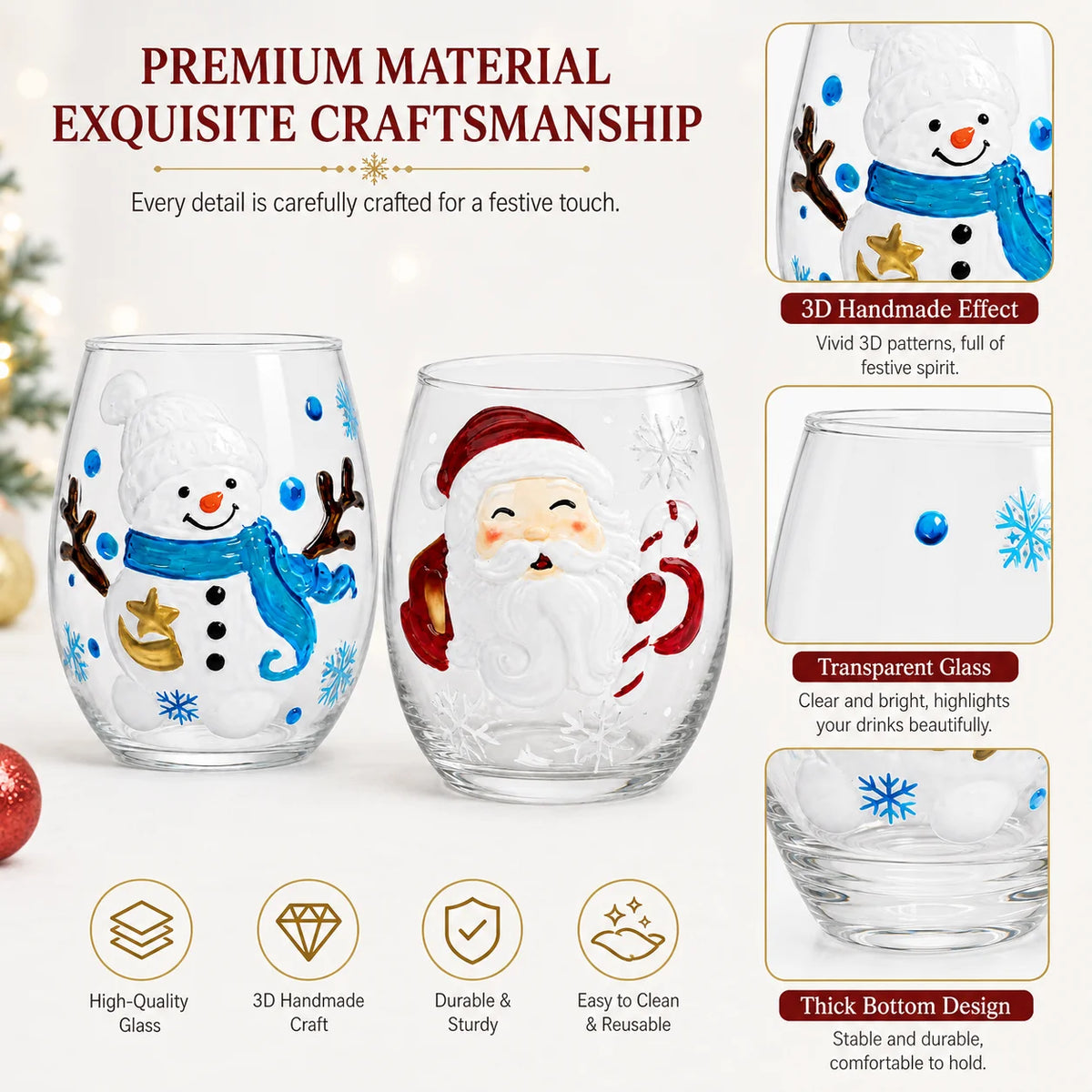 Hand Painted Christmas Whiskey Glass Santa Reindeer Snowman Tree Decorative Drinking Cup Holiday Party Barware
