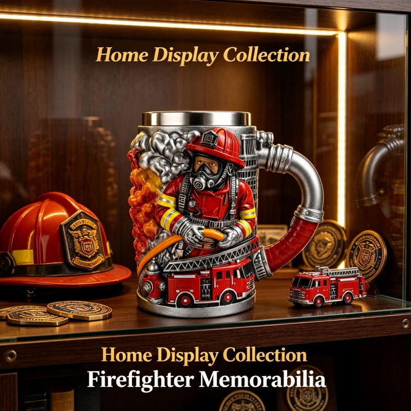 3D Firefighter Resin Mug Creative Fireman Coffee Cup with Hose Handle Fire Truck Relief Collectible Gift