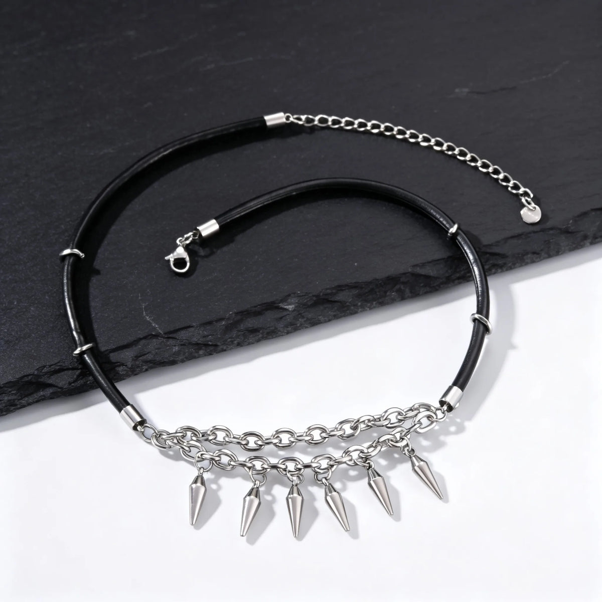 Rock Punk Rivet Leather Necklace for Men,Stainless Steel Tassel Chain Choker,Street Rapper Biker Jewelry Gift