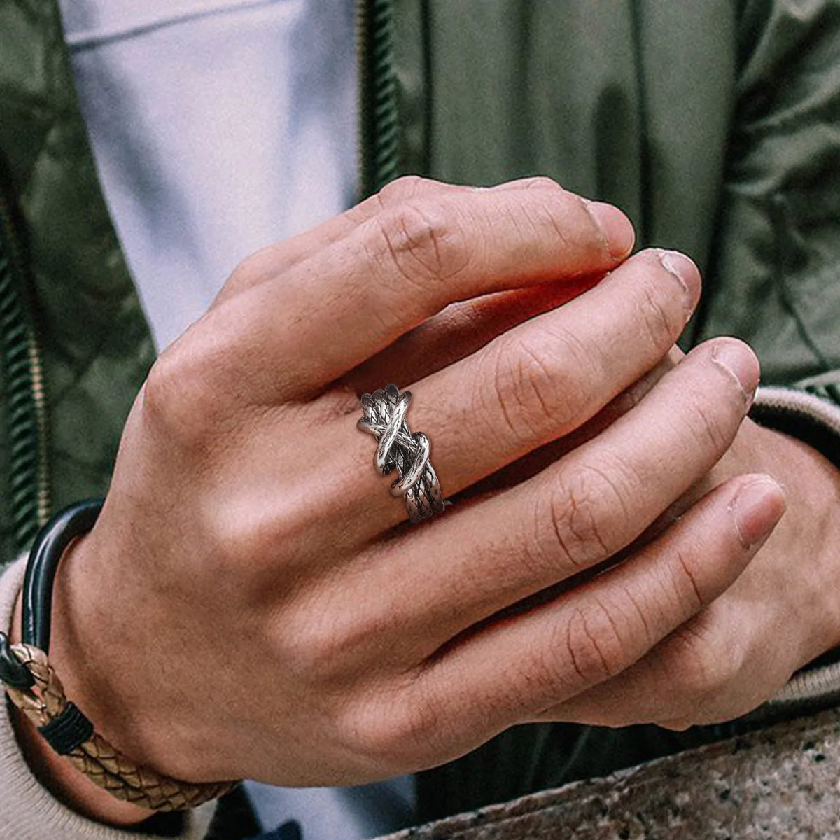 Retro Woven Metal Ring for Men Boys,Irregular 3 Layers Knot Opening Ring,New Punk Jewelry Gifts