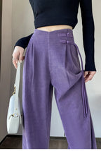 Corduroy pants women autumn and winter new Chinese style buckle casual thick solid color versatile wide leg pants