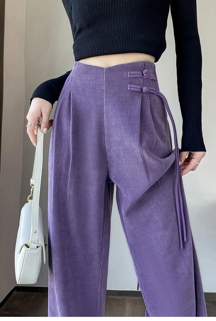 Corduroy pants women autumn and winter new Chinese style buckle casual thick solid color versatile wide leg pants