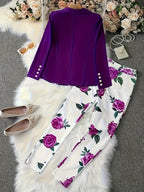 Elegant and Fashionable Two-Piece Set, Butterfly-Print Lapel, Solid Color Long-Sleeved Suit Jacket, Slim High-Waisted Pants.