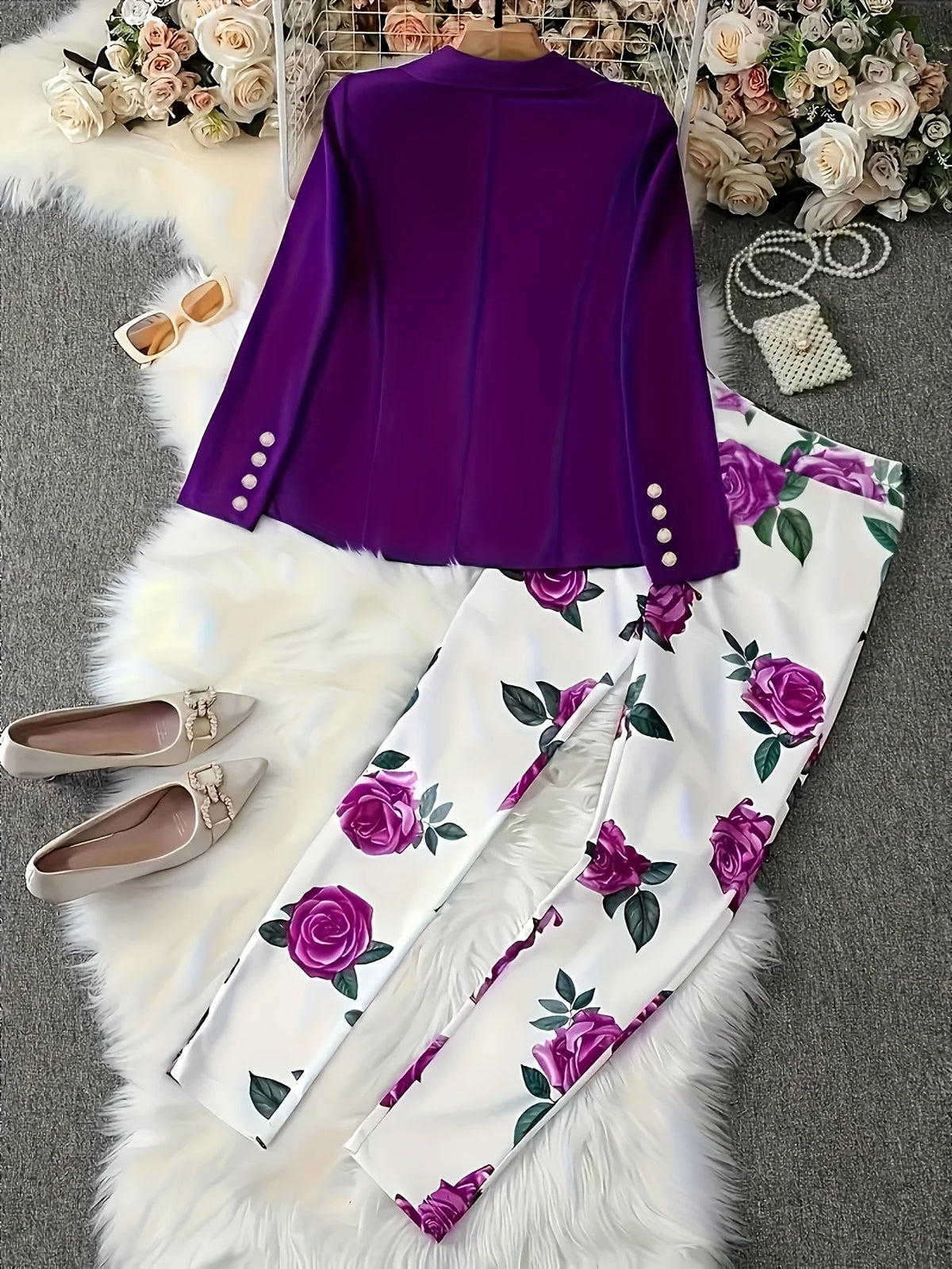 Elegant and Fashionable Two-Piece Set, Butterfly-Print Lapel, Solid Color Long-Sleeved Suit Jacket, Slim High-Waisted Pants.