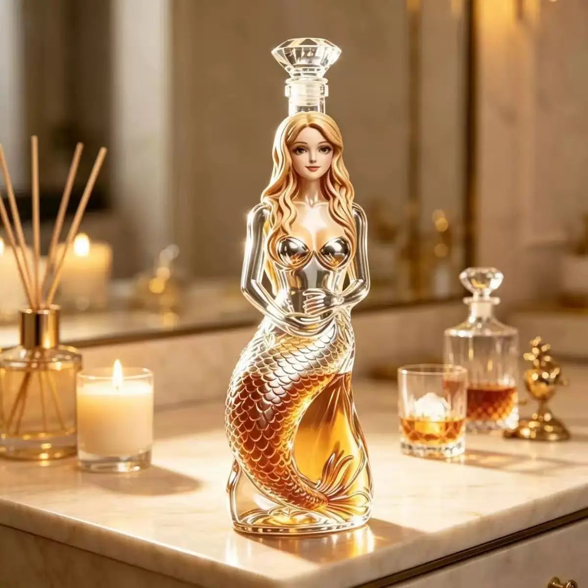 Unique Mermaid Art Glass Bottle Decanter, Decorative Liquor Wine Container, Man Cave Bar Home Desktop Ornament Creative Gift