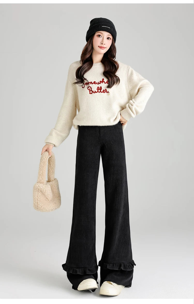 Solid corduroy micro flared pants women's winter wide leg casual high waisted narrow version straight leg sweatpants