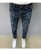Harajuku Fashion Autumn New Blue Jeans Men's Trendy Brand Scratches Cargo Work Korean Slim-fitting Trousers Luxury Elastic Pants