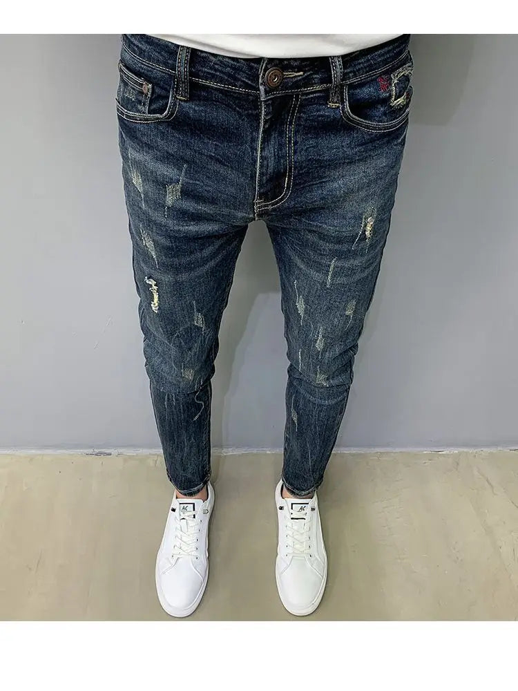 Harajuku Fashion Autumn New Blue Jeans Men's Trendy Brand Scratches Cargo Work Korean Slim-fitting Trousers Luxury Elastic Pants