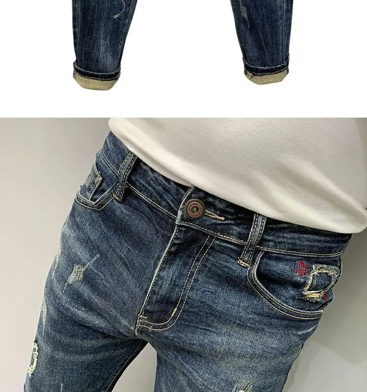 Harajuku Fashion Autumn New Blue Jeans Men's Trendy Brand Scratches Cargo Work Korean Slim-fitting Trousers Luxury Elastic Pants