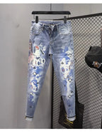 Spring and Autumn 2025 Elastic Slim Small Foot Jeans Men's Korean Trendy Versatile Luxury Clothing Trendy Graffiti Printed Pants