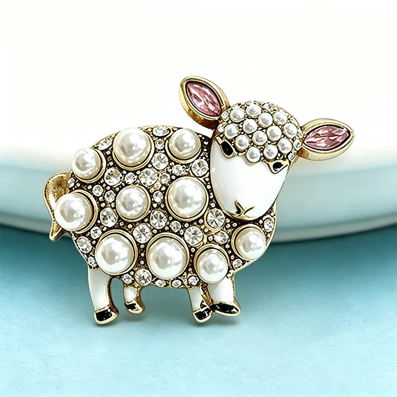 PENDRA Pearl Sheep Rhinestone Brooch