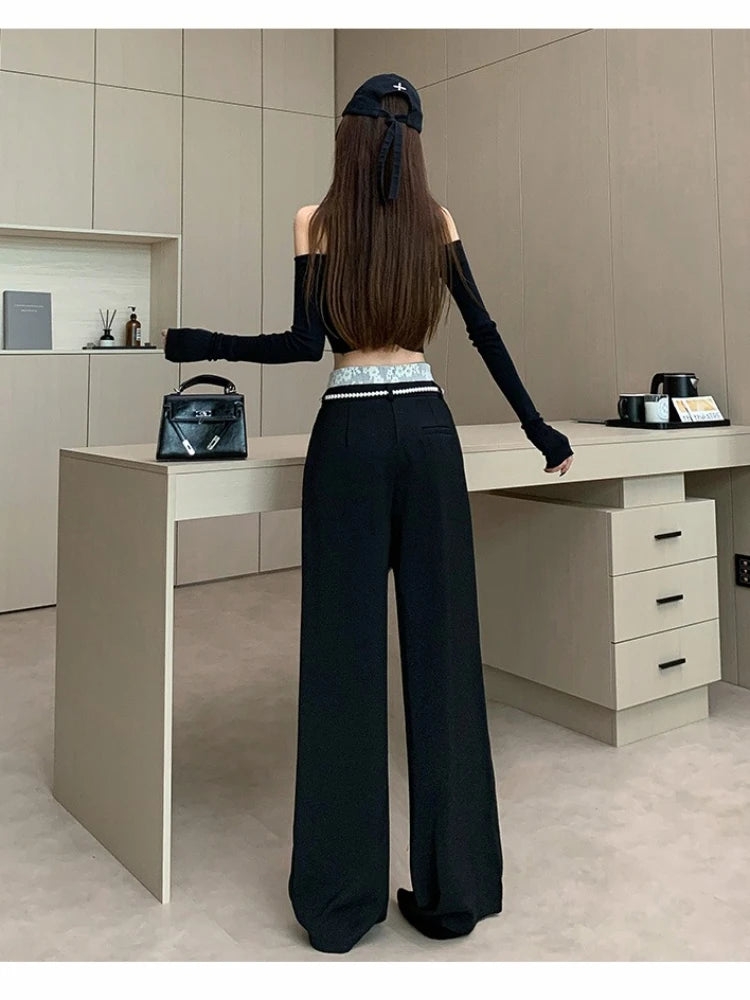 PENDRA Lace Panel High Waist Wide Leg Suit Pants