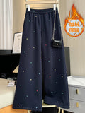 Design sense contrasting color embroidery casual pants women in winter elastic waist straight high waist wide leg pants