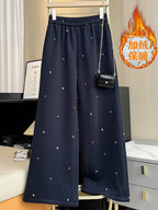 Design sense contrasting color embroidery casual pants women in winter elastic waist straight high waist wide leg pants
