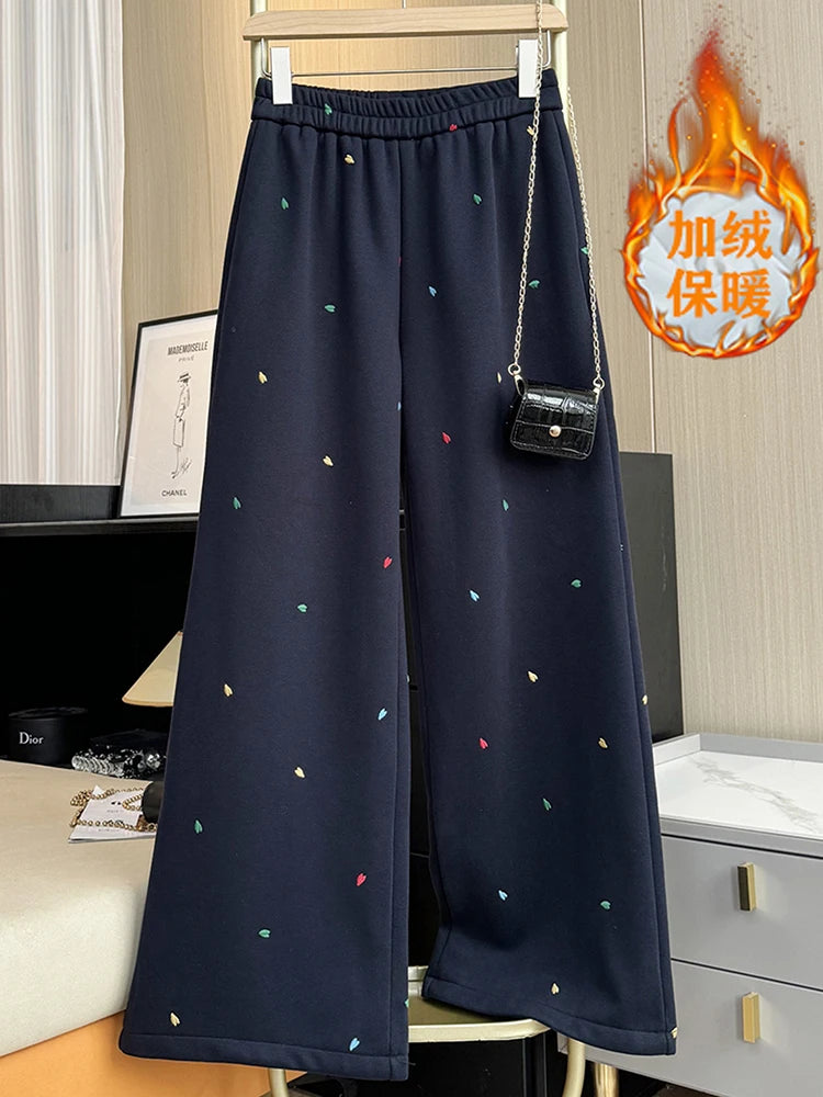 Design sense contrasting color embroidery casual pants women in winter elastic waist straight high waist wide leg pants