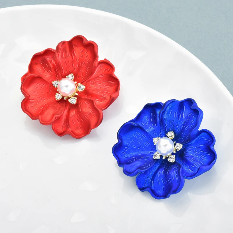 PENDRA DuoBloom Red-and-Blue Enamel Pearl Flower Brooch