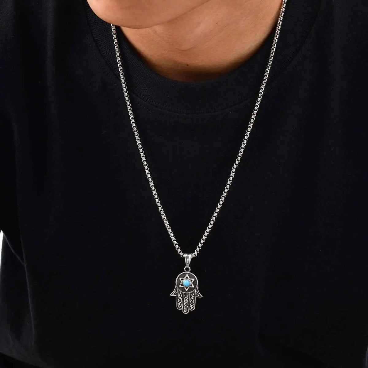 Vintage Fatima Hand Necklace for Men Boys,Stainless Steel Hexagram Turquoise Pendant,Punk Jewelry Gift