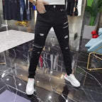 Luxury 2023 Men's High Street Korean Black Jeans with Zipper Distressed Hole Designer Youth Trend Slim-Fit Black Cotton Trousers