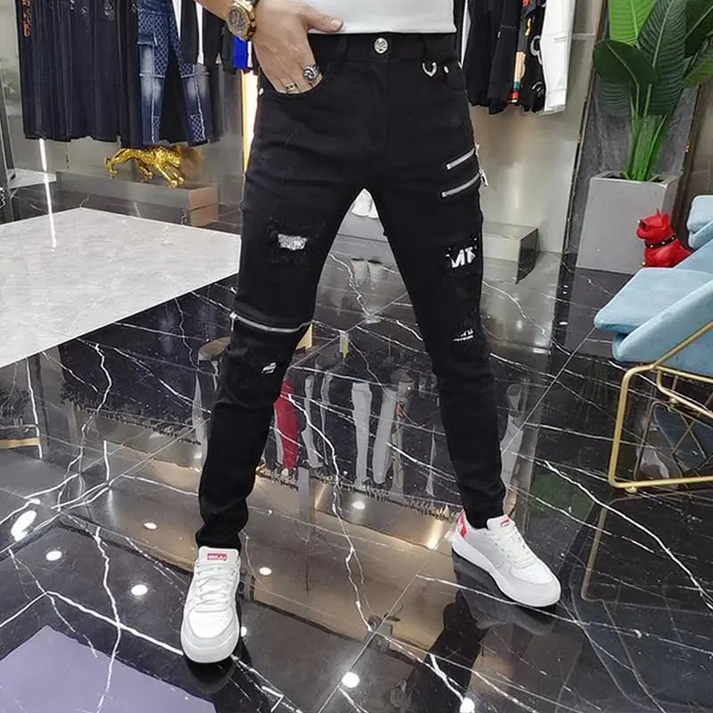 Luxury 2023 Men's High Street Korean Black Jeans with Zipper Distressed Hole Designer Youth Trend Slim-Fit Black Cotton Trousers