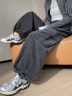 Corduroy cargo wide leg pants women in winter 2025 new high waisted loose fit slimming and ankle tied casual pants