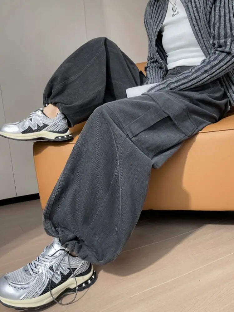 Corduroy cargo wide leg pants women in winter 2025 new high waisted loose fit slimming and ankle tied casual pants