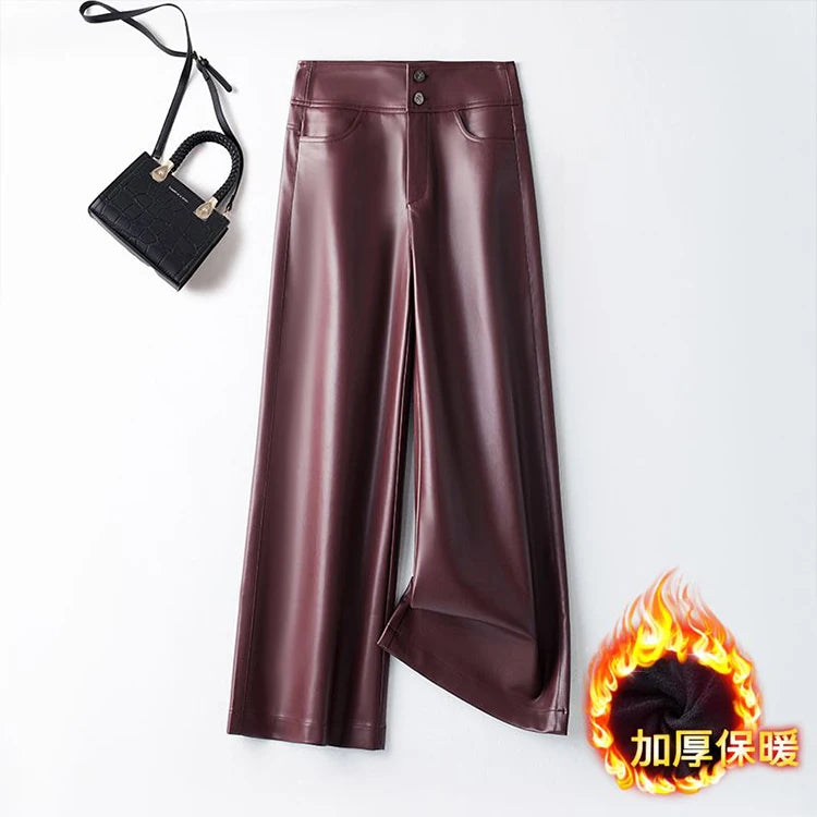 Autumn new high waisted leather pants women straight leg loose and fashionable versatile commuting solid color trousers