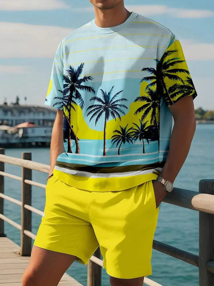 Vibrant Summer Men's 2 Piece Set Hawaiian Chic Casual Men's T-shirt Outdoor Beach Men's Shorts 3D Printed O-neck Short Sleeves