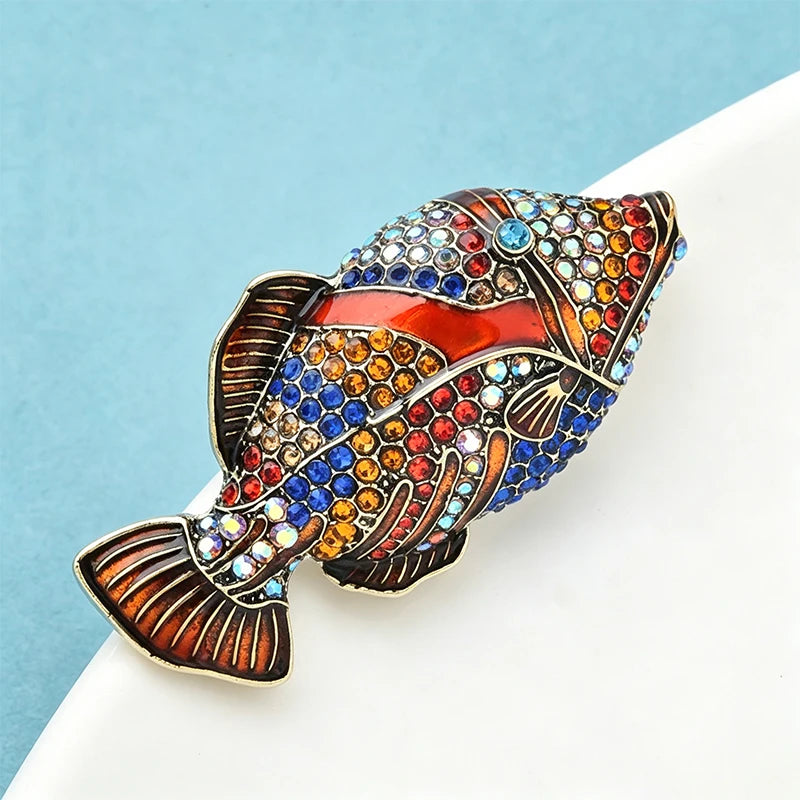 PENDRA Shining Fish Enamel Rhinestone Brooch