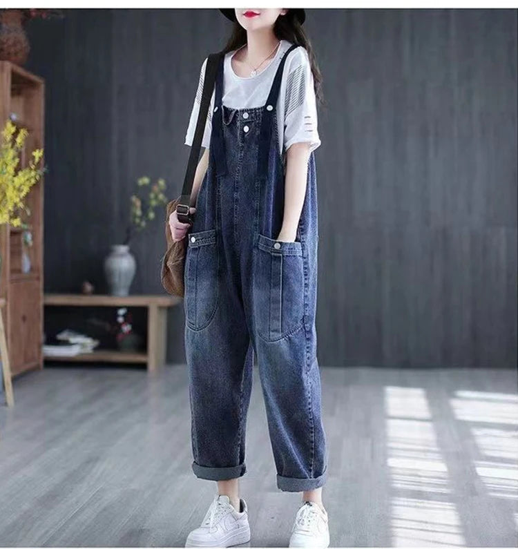 Minimalist jeans overalls women's spring new Korean version loose fit big pocket versatile trendy Harlan casual rompers