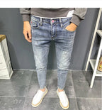 Summer light color jeans men's retro fashion brand embroidery slim fit small feet Korean fashion casual thin nine point pants