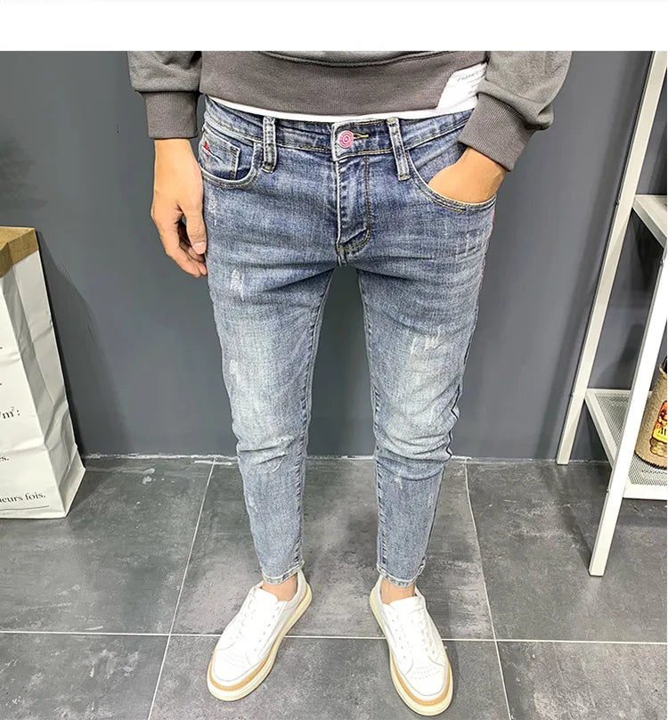 Summer light color jeans men's retro fashion brand embroidery slim fit small feet Korean fashion casual thin nine point pants
