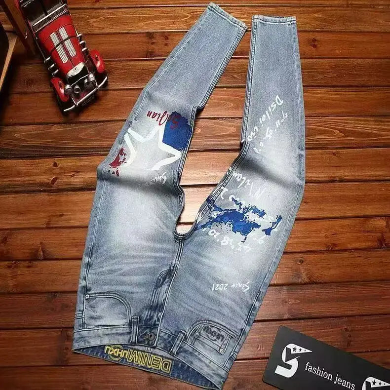 Spring Autumn Korean Popular Clothes Jeans Men's Printed Slim-fitting Pants 2026 New Stretch High-end Elastic Casual Trousers
