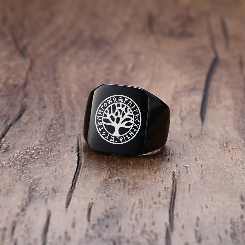 Men Viking Vegvisir Pirate Signet Ring, Free Custom Personalized Stainless Steel Finger Bands Ring for Boys, Amulet Jewelry Gift