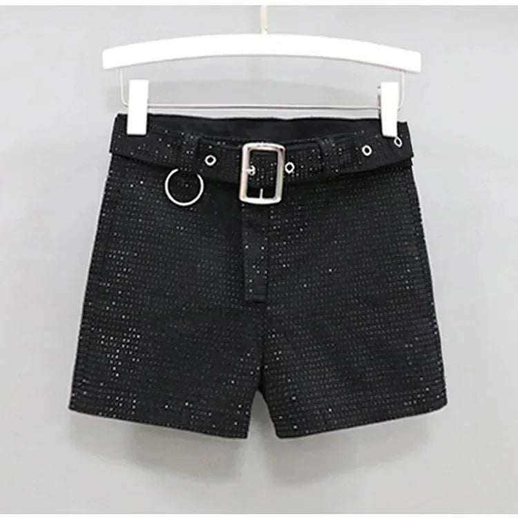 Rhinestone Shorts Women Wide Leg Shorts High Waist Sexy New Fashion Elastic Waist Diamond Casual Hot Pants Female belt