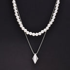 Minimalist Stainless Steel Geometric Rhombus Necklace for Men, Stacking 8MM Simulated Pearl Beads Chain Collar
