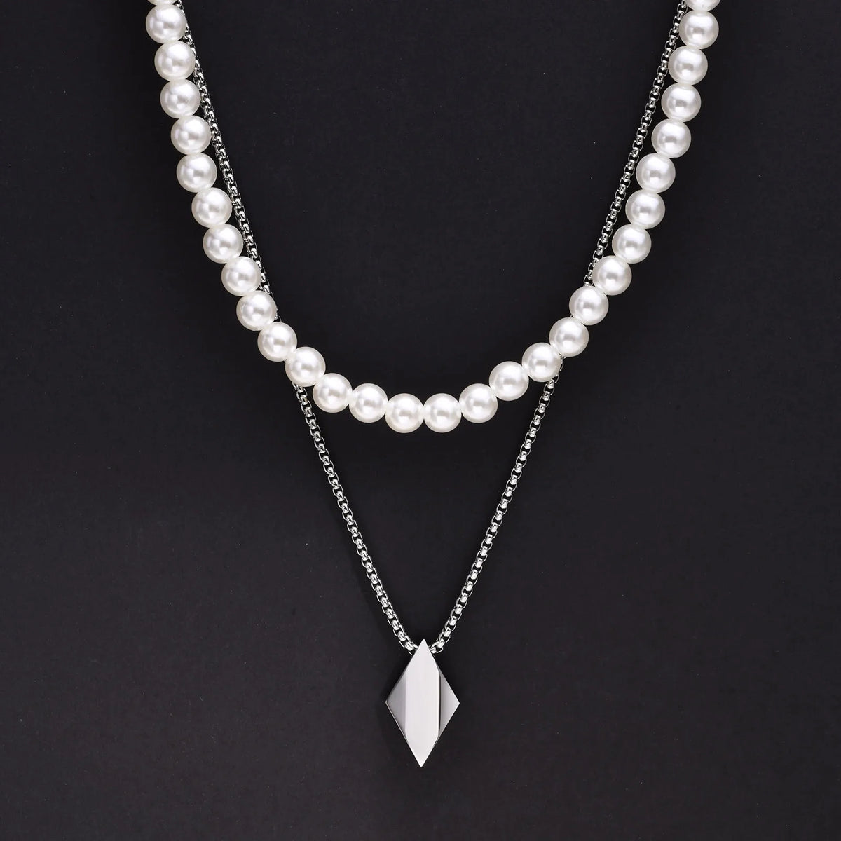 Minimalist Stainless Steel Geometric Rhombus Necklace for Men, Stacking 8MM Simulated Pearl Beads Chain Collar