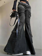 Black Low Waist Cargo Jeans 2000s Distressed Whiskers Multi-pocket Stretch Bootcut Pants Women Retro Grunge Streetwear
