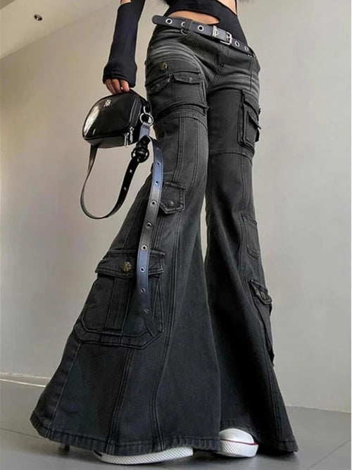 Black Low Waist Cargo Jeans 2000s Distressed Whiskers Multi-pocket Stretch Bootcut Pants Women Retro Grunge Streetwear