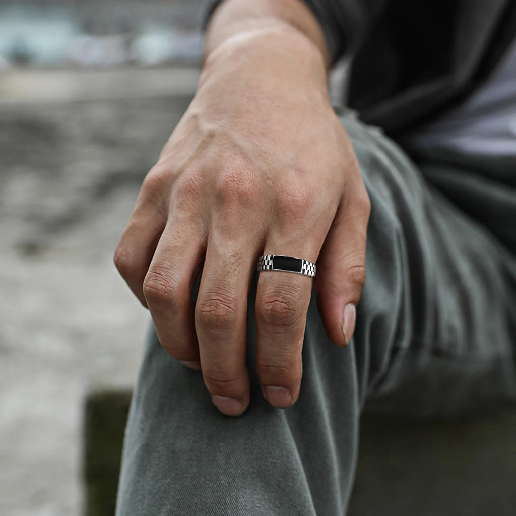 Black Rectangle Ring for Men Boys,Classic Square Ring Metal Ring Chessboard Ring,Casual Gifts for Him