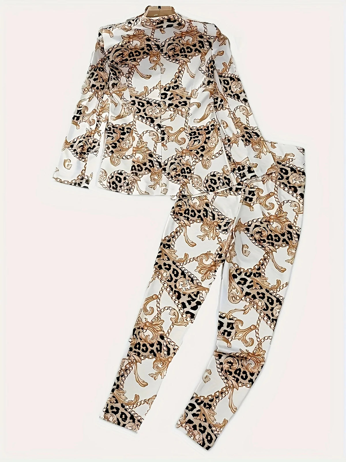 Chain printed leopard print casual two-piece set, double breasted lapel long sleeved suit jacket and high waisted casual pants,autumn women's clothing