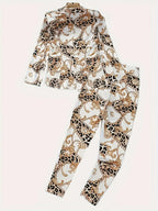Chain printed leopard print casual two-piece set, double breasted lapel long sleeved suit jacket and high waisted casual pants,autumn women's clothing