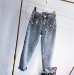 European Fashion New Heavy Industry Full Diamond Rhinestone Flash Denim Pants Women's Jeans Blue 2024 Spring Summer