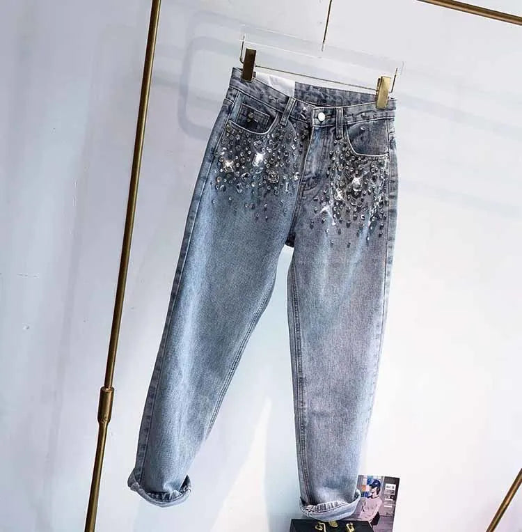 European Fashion New Heavy Industry Full Diamond Rhinestone Flash Denim Pants Women's Jeans Blue 2024 Spring Summer