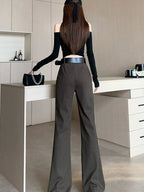Retro solid color pants women autumn and winter high waisted casual and fashion versatile floor length flared trousers