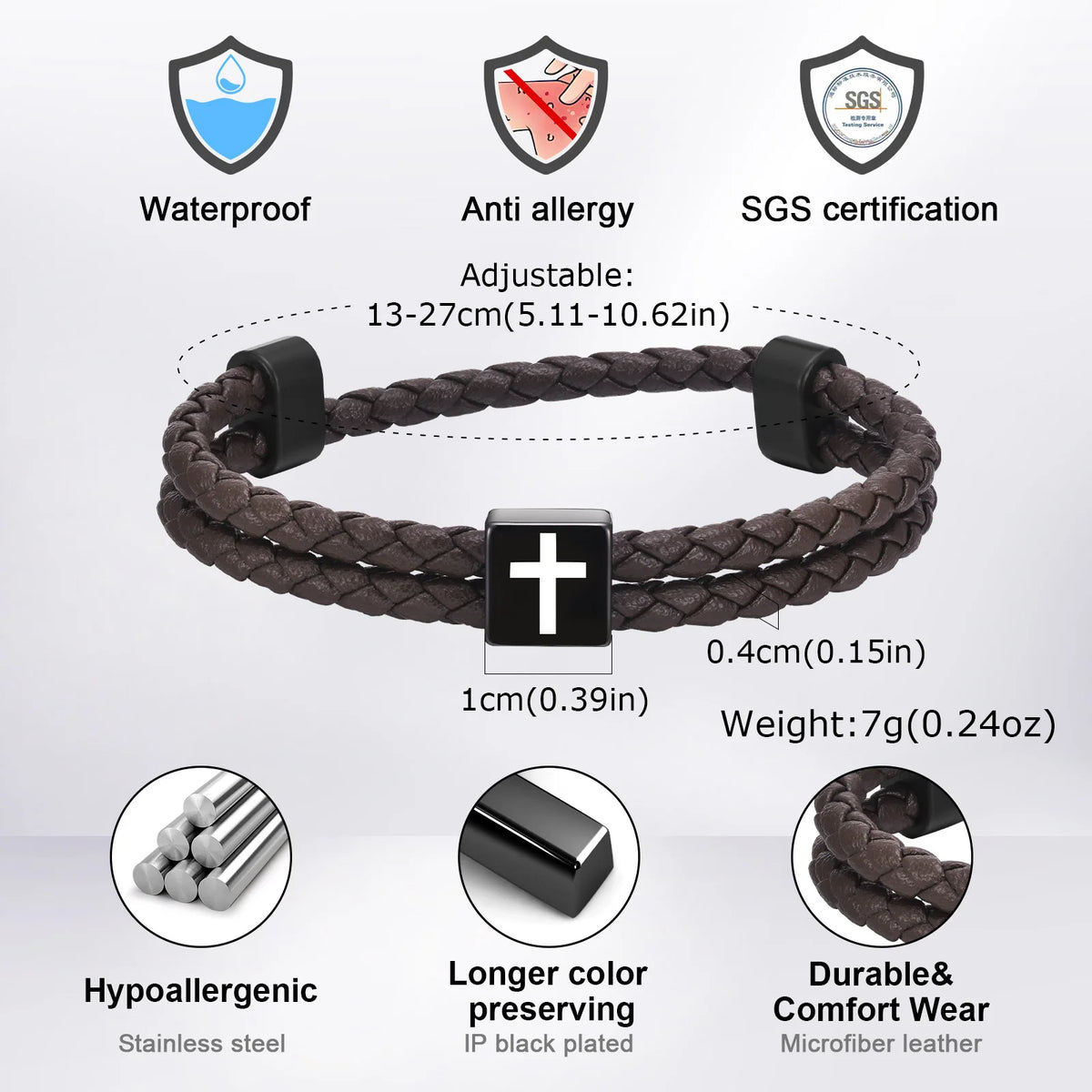 Mens Microfiber Leather Bracelet,Black Adjustable Cross Symbol Rope Wristband,Religious Faith Christ Gift Jewelry