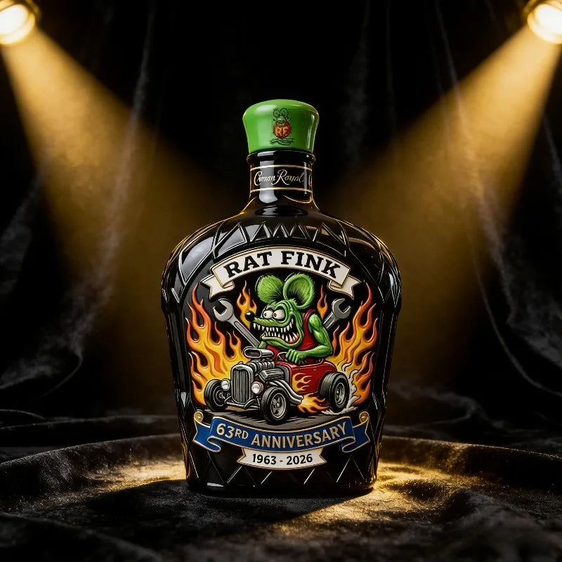 Rat Fink Tribute Whiskey Decanter, Hot Rod Design Collectible Liquor Bottle for Car Enthusiasts
